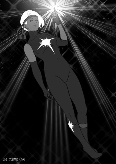 Black and white drawing. Dazzler from X-Men stands confidently, looking down at us with a slight smile. She has short blonde hair and wears a thin strip of cloth as a headband, like Rambo. She has a form-fitting hero suit, with her starburst emblem on her chest and on her right lower leg just below the knee. She produces startling bright light from her fingertips. Whatever happens next, you probably won't see it!