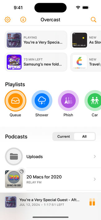 Overcast-redesign screenshot showing the list-of-podcasts screen.