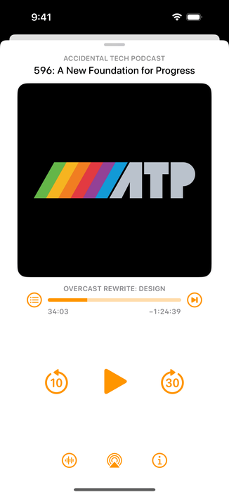 Overcast-redesign screenshot showing the now-playing screen.