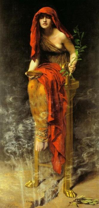 a painting of a woman in red and earth tone robes, sitting in a tall golden chair above a split in the stone below, smoke coming from it, her eyes are closed in concentration, the background shadowy, she is holding several sticks with leaves in them and a shallow small brown bowl 