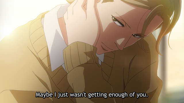 A teenage boy (Hisahi) leaning over with a slightly alluring expression on his face saying, "Maybe I just wasn't getting enough of you."