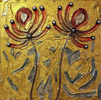 Impsto original painting, canvas, acrylic in silver and gold patina, abstracted flowers highlighted in red, thick texture, 
