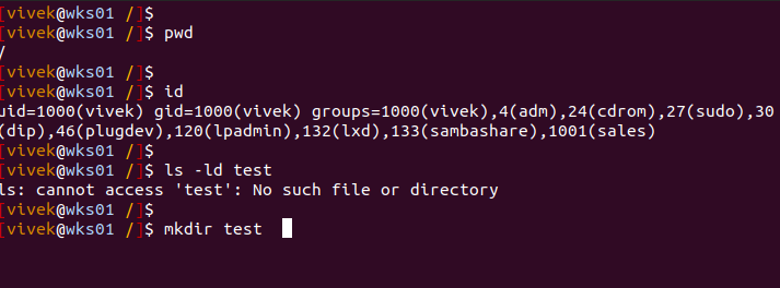 A Linux terminal is displaying three commands and their output, except for the last command mkdir test. The commands entered are as follows:

pwd
id
ls -ld test
mkdir test