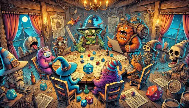 A group of fantastical creatures playing a tabletop role play game around a table.