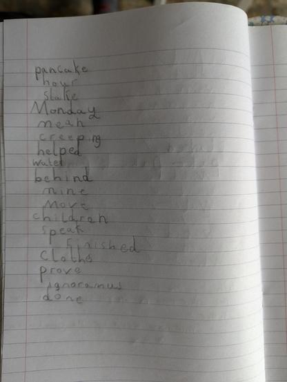 a 6yr olds homework spelling 

pancake
hour 
stake 
Monday 
mean
creeping
helped water 
behind 
mine
more
children 
clothes 
prove
ignoramus
done