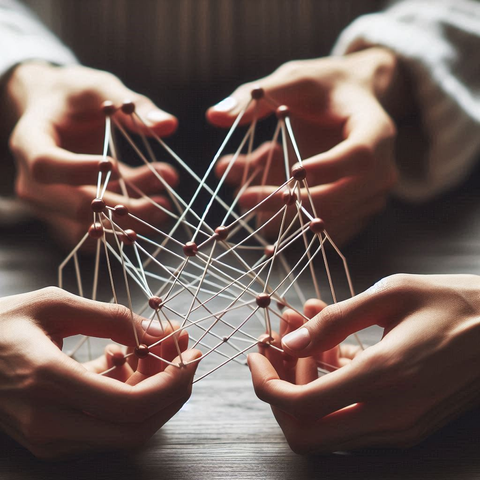 AI Generated image for the prompt "Make me a picture of two people playing cat's cradle. Focus on their hands. Make it as accurate to a complex, late game, configuration of cat's cradle as possible."

It depicts two hands in the background and two hands in the foreground ostensibly playing the children's game, cat's cradle. However, instead of string, the material being used for the game looks like thin white plastic rods with wooden beads at the connection points. 

The expectation would be for the foreground hands to be oriented with their palms toward the viewer and the background hands to be oriented with their palms away from the viewer. However, that is not the case in this image as both sets of hands are oriented away from the viewer. Each set of hands has at least one additional finger and some of them are oriented in anatomically incoherent way. The fingers are also not actually interacting with the tension of the strings and some of the rods seem to protrude through various finger ends.

Overall, it is a very disconcerting image. 