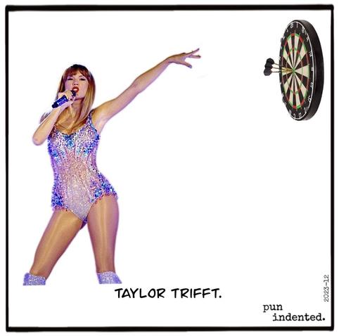 Ein Foto von Taylor Swift, die mehrere Dartpfeile auf eine Scheibe wirft. Bildunterschrift: Taylor trifft.