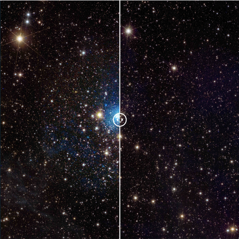 A galaxy cluster image divided in half with a slider. On the right, there is just the optical + NIR image from Euclid, on the left overlayed on it in blue is the XMM image, showing that the space between galaxies is filled with X-ray emitting hot gas.