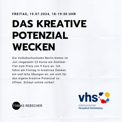 Möchtest du ein Gefühl für dein kreatives Potenzial bekommen? Möchtest du einen Umgang mit deinen Ängsten finden und eine Methode kennenlernen, um immer inspiriert zu sein?

Die Volkshochschulen Berlin bieten im Juli insgesamt 23 Kurse als Sommer-Flat zum Preis von 9 Euro an. 🖌️☀️

Am Freitag, um 18 Uhr führe ich online in kreatives Denken ein und leite Übungen an, um sich für das eigene kreative Potenzial zu öffnen.

Schaut online vorbei: https://www.vhsit.berlin.de/VHSKURSE/BusinessPages/CourseDetail.aspx?id=720300

#Kreativität #Inspiration #KreativesDenken #BerlinVHS #VHS #Sommer-Flat #Online #Webcast