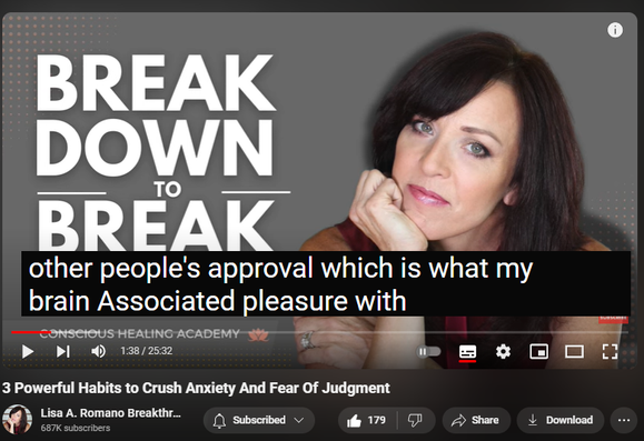 https://www.youtube.com/watch?v=TVHGOoIXnoE
3 Powerful Habits to Crush Anxiety And Fear Of Judgment
1,776 views  9 Jul 2024  Codependency Recovery Podcast: Breaking Free of Codependency For Good
✅ Register for my most popular groundbreaking transformational and psychologist-approved online healing program
https://www.lisaaromano.com/12wbcp 

In this podcast episode, mental health wellness coach Lisa A. Romano shares 3 powerful habits that crush anxiety and fear of judgment. Conquer and heal from codependency with these powerful life-changing habits anyone can begin using today!

Are you codependent? Do you seek approval? Do you fear other people's opinions? Are you looking for a self help podcast, that is committed to self improvement, and are you someone who is willing to crush codependency and anxiety, even if doing so can cause you to feel uncomfortable? You need new habits, habits that will improve your life, mindset, relationships, and heal codependency.