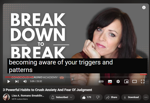 https://www.youtube.com/watch?v=TVHGOoIXnoE
3 Powerful Habits to Crush Anxiety And Fear Of Judgment

1,776 views  9 Jul 2024  Codependency Recovery Podcast: Breaking Free of Codependency For Good
✅ Register for my most popular groundbreaking transformational and psychologist-approved online healing program
https://www.lisaaromano.com/12wbcp 

In this podcast episode, mental health wellness coach Lisa A. Romano shares 3 powerful habits that crush anxiety and fear of judgment. Conquer and heal from codependency with these powerful life-changing habits anyone can begin using today!