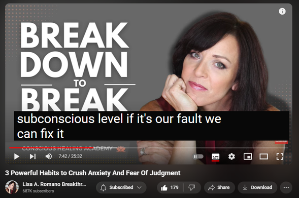 https://www.youtube.com/watch?v=TVHGOoIXnoE
3 Powerful Habits to Crush Anxiety And Fear Of Judgment

1,776 views  9 Jul 2024  Codependency Recovery Podcast: Breaking Free of Codependency For Good
✅ Register for my most popular groundbreaking transformational and psychologist-approved online healing program
https://www.lisaaromano.com/12wbcp 

In this podcast episode, mental health wellness coach Lisa A. Romano shares 3 powerful habits that crush anxiety and fear of judgment. Conquer and heal from codependency with these powerful life-changing habits anyone can begin using today!