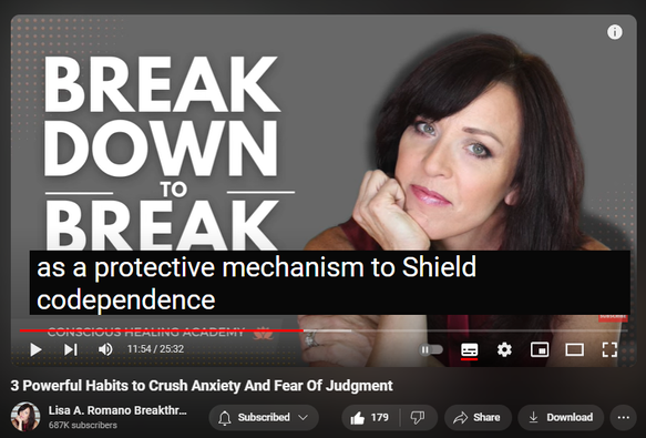 https://www.youtube.com/watch?v=TVHGOoIXnoE
3 Powerful Habits to Crush Anxiety And Fear Of Judgment

1,776 views  9 Jul 2024  Codependency Recovery Podcast: Breaking Free of Codependency For Good
✅ Register for my most popular groundbreaking transformational and psychologist-approved online healing program
https://www.lisaaromano.com/12wbcp 

In this podcast episode, mental health wellness coach Lisa A. Romano shares 3 powerful habits that crush anxiety and fear of judgment. Conquer and heal from codependency with these powerful life-changing habits anyone can begin using today!