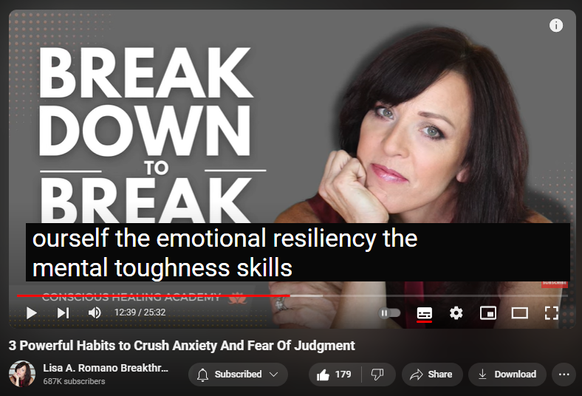 https://www.youtube.com/watch?v=TVHGOoIXnoE
3 Powerful Habits to Crush Anxiety And Fear Of Judgment


1,776 views  9 Jul 2024  Codependency Recovery Podcast: Breaking Free of Codependency For Good
✅ Register for my most popular groundbreaking transformational and psychologist-approved online healing program
https://www.lisaaromano.com/12wbcp 

In this podcast episode, mental health wellness coach Lisa A. Romano shares 3 powerful habits that crush anxiety and fear of judgment. Conquer and heal from codependency with these powerful life-changing habits anyone can begin using today!