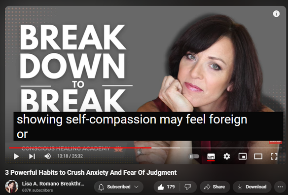 https://www.youtube.com/watch?v=TVHGOoIXnoE
3 Powerful Habits to Crush Anxiety And Fear Of Judgment

1,776 views  9 Jul 2024  Codependency Recovery Podcast: Breaking Free of Codependency For Good
✅ Register for my most popular groundbreaking transformational and psychologist-approved online healing program
https://www.lisaaromano.com/12wbcp 

In this podcast episode, mental health wellness coach Lisa A. Romano shares 3 powerful habits that crush anxiety and fear of judgment. Conquer and heal from codependency with these powerful life-changing habits anyone can begin using today!