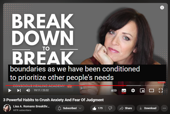 https://www.youtube.com/watch?v=TVHGOoIXnoE
3 Powerful Habits to Crush Anxiety And Fear Of Judgment
1,776 views  9 Jul 2024  Codependency Recovery Podcast: Breaking Free of Codependency For Good
✅ Register for my most popular groundbreaking transformational and psychologist-approved online healing program
https://www.lisaaromano.com/12wbcp 

In this podcast episode, mental health wellness coach Lisa A. Romano shares 3 powerful habits that crush anxiety and fear of judgment. Conquer and heal from codependency with these powerful life-changing habits anyone can begin using today!