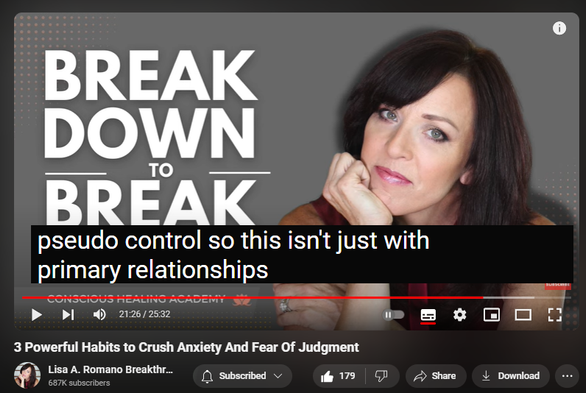 https://www.youtube.com/watch?v=TVHGOoIXnoE
3 Powerful Habits to Crush Anxiety And Fear Of Judgment


1,776 views  9 Jul 2024  Codependency Recovery Podcast: Breaking Free of Codependency For Good
✅ Register for my most popular groundbreaking transformational and psychologist-approved online healing program
https://www.lisaaromano.com/12wbcp 

In this podcast episode, mental health wellness coach Lisa A. Romano shares 3 powerful habits that crush anxiety and fear of judgment. Conquer and heal from codependency with these powerful life-changing habits anyone can begin using today!