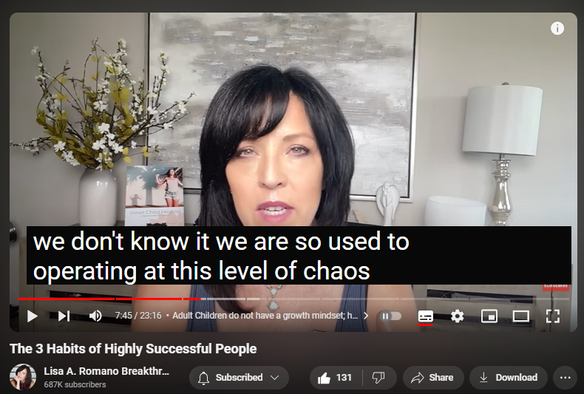 https://www.youtube.com/watch?v=Wp93EwLkuuM
The 3 Habits of Highly Successful People
1,293 views  15 Jul 2024  Overcoming Codependency: Lisa A. Romano Podcast
✅ Register for my most popular groundbreaking transformational and psychologist-approved online healing program
https://www.lisaaromano.com/12wbcp 

In this video, Lisa A. Romano shares "The 3 Habits of Highly Successful People," offering invaluable insights into the daily practices that drive success. Discover actionable strategies to enhance productivity, foster resilience, and achieve your goals effectively. Whether you're on a journey of personal growth or seeking professional excellence, these habits will empower you to create lasting positive change in your life. Join Lisa A. Romano as she explores the habits that set successful individuals apart and learn how to implement them into your routine for transformative results.

0:00 Introduction
4:11 Do you have a growth mindset?
7:00 Adult Children do not have a growth mindset; here's why.
8:00 A Survival Mindset is Not a Growth Mindset
9:38 Success Quotient Equation
10:30 The Habit of Learning
12:45 The Habit of Resilience
16:06 The Habit of Gratitude
19:00 You Reap What You Sow