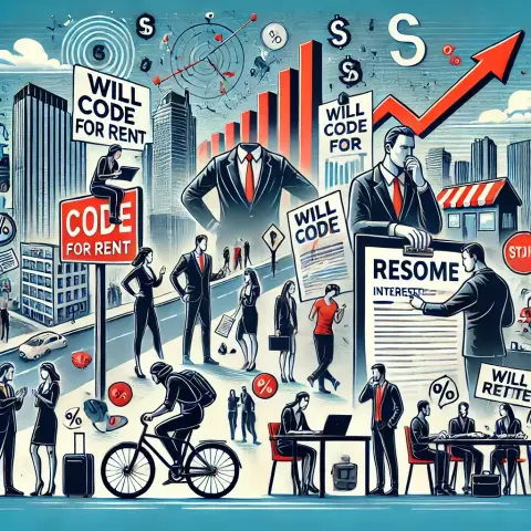 A chaotic scene depicting the modern job market in the tech industry. The background shows a cityscape with both well-maintained and crumbling office buildings. In the foreground, a person rides a bike past professionals in suits, another person works on a laptop with a stack of resumes beside them, a group of people have a heated discussion, and someone holds a sign that reads "Will Code for Rent." Visual elements include a graph with an upward arrow and money bags with percentage signs, symbolizing interest rates. The overall atmosphere is a mix of desperation, confusion, and determination.