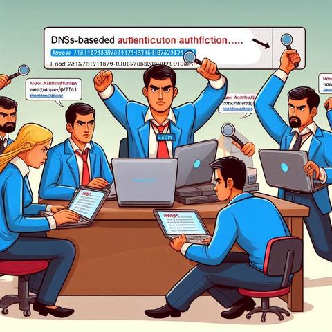 Created with Bing Image Creator with the prompt: create me a cartoon of exchange administrators implementing DNS-based Authentication of Named Entities in a hurry