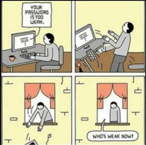 Colour; square: A four-frame comic with the first panel showing someone at a desk with a computer that's telling the person, "Your password is too weak." In the second frame the person up-ends the desk. In the third frame the person has just defenestrated the computer. In the final frame, with the computer having fallen out of view, the person is looking down from the window and saying, "Who's weak now?"