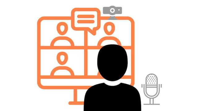 Lessons learned at an online workshop: a graphic of a person attending an online meeting on a computer with camera and microphone