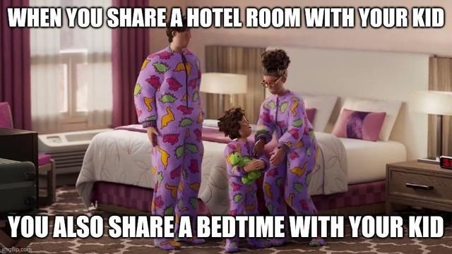 Screenshot from an Airbnb commercial. A 3d animated father-mother-child family wearing the same colorful pyjamas in a bedroom while it is still bright outside. Caption: “When you share a hotel room with your kid, you also share a bedtime with your kid.”