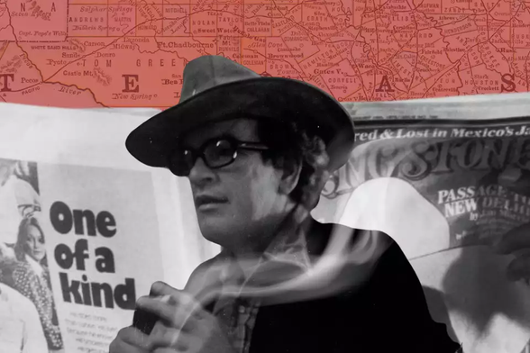 Grover Lewis, sporting a cowboy ha and thick-framed eyeglasses. In the background is an old map of Texas dipped in a red tint, over that is an open Rolling Stone magazine (Photo illustration by Sarah Pearce)