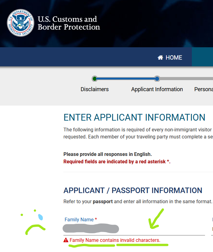 Form on the U.S. Customs and Border Protection website, asking for family name. The entry field is highlighted, and below it in red text, it says "Family Name contains invalid characters."