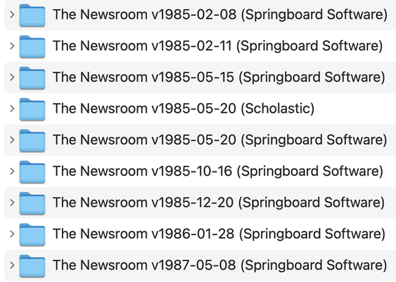 screenshot of Finder folders of 9 different copies of The Newsroom with different dates