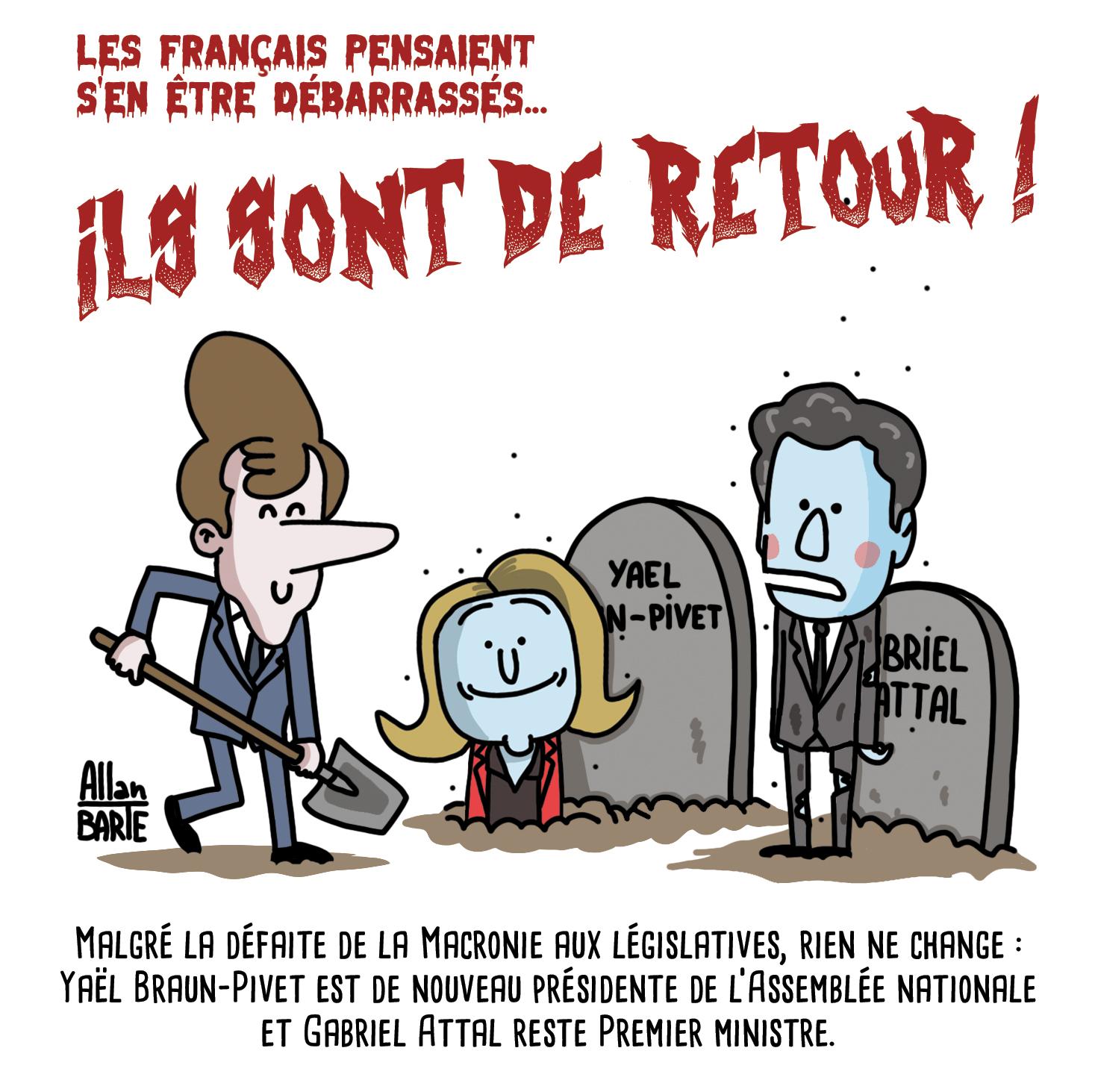 Écrit en rouge dans une police terrifiante"Les Français pensaient s’en être débarrassés...""Ils sont de retour !"
Dans un cimetière, Macron, tout sourire, déterre Yael Braun-Pivet Zombifié. Attal-Zombie est à leurs côtés.

Sous-titre : Malgré la défaite de la Macronie aux législatives, rien ne change :
Yaël Braun-Pivet est de nouveau présidente de l'Assemblée nationale et Gabriel Attal reste Premier ministre.