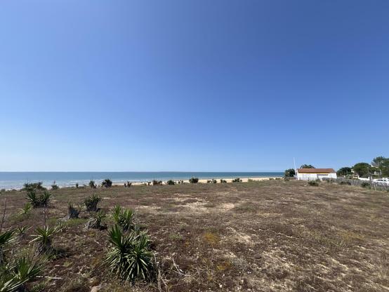 View from a Terrasse to the beach, blue sky, blue warer