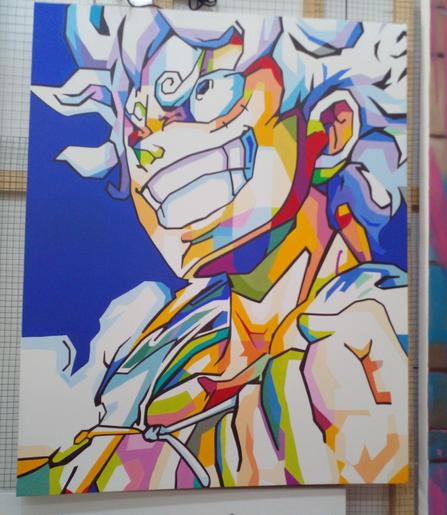 a painting of one of the characters from one piece, his white and light blue hair flowing wildly, seen from below from the right, his fist raised up, a wild expression on his face, the clouds behind blue with geometric-y stylized clouds 
