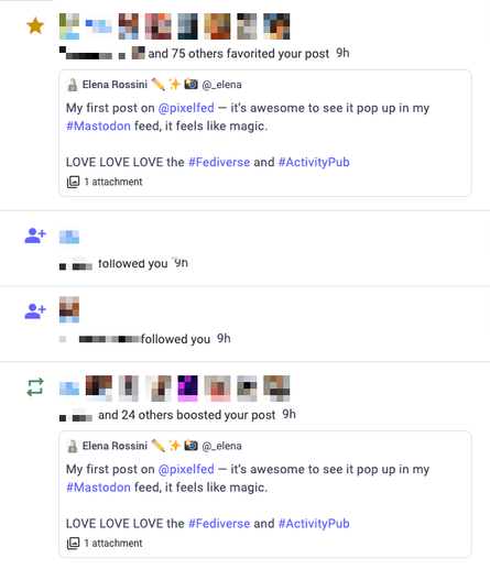 a screenshot of my Notifications tab, showing Grouped Notifications in action. I pixelated profile names and photos to protect the privacy of these users