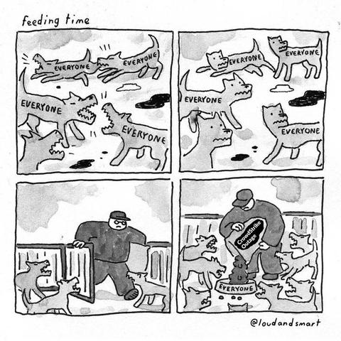 The "feeding time" comic. The first frame contains dogs with "Everyone" labeled on them barking at each other. The second frame has the same dogs looking in one direction and stopped barking. The third frame shows a man walking into the fenced area to which the dogs start barking. The fourth frame shows the man emptying a bag of food labeled "CrowdStrike Outage" into a bowl that the dogs are now eating from.