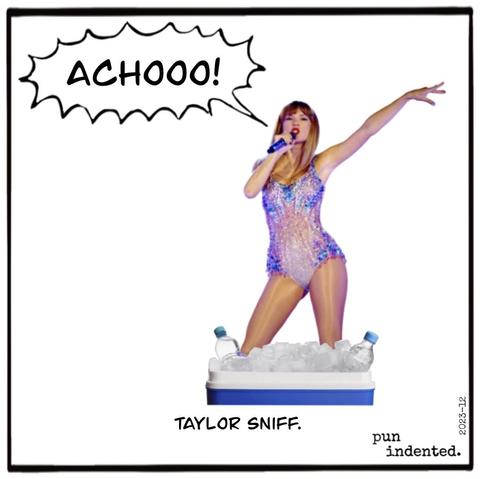 Ein Bild von Taylor Swift, die in einer Wanne voller Eiswürfel steht. Sie niest lautstark. Bildunterschrift: Taylor Sniff.