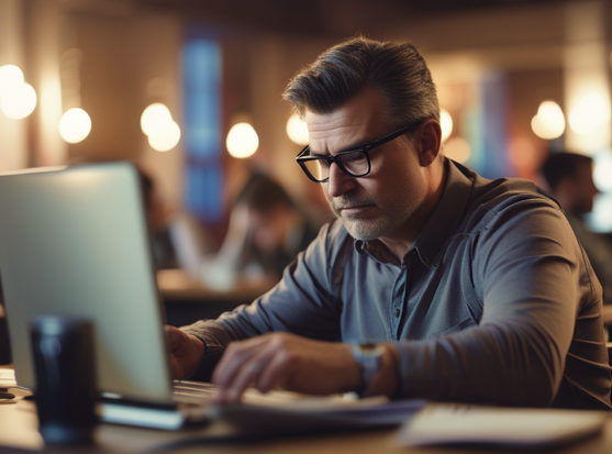 Tired male teacher working on laptop