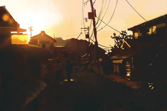 Illustration by artist Luco_Curtis. It shows a suburban, heavily-shadowed streetscape under a golden, brightly-illuminated sunset or sunrise. Two figures walk walk away from the viewer.