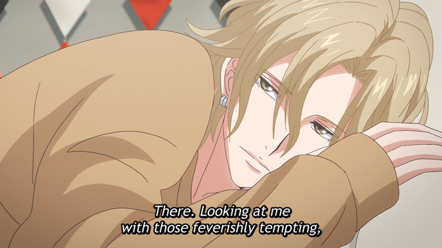 A teenage boy (Hisashi) leaning against a pillow, while the person off screen (Mao) is thinking, "There. Looking at me with those feverishly, tempting,"