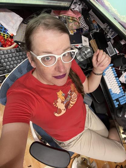 Cailín is sitting at her desk. She’s wearing white cats eye glasses, purple lipstick, a red t-shirt with cartoon cats playing Settlers of Catan on the front, and tan capris.