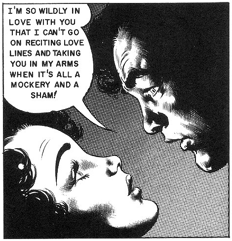 Comic panel in black and white: A man and a woman face to face, very close, looking into each other's eyes, in a close-up. His head is in the upper right corner; hers, in the lower left corner. He says: 