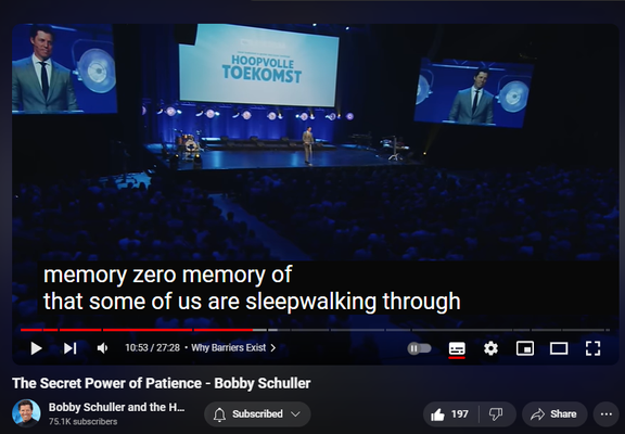 https://www.youtube.com/watch?v=drk1pSucAy0
The Secret Power of Patience - Bobby Schuller

3,447 views  13 Jul 2024  #Christian #Bible #Jesus
Learn the secret power of patience. Today, Pastor Bobby is preaching from Barneveld in the Netherlands. This message is about hope, and not the kind of hope that wishes for marriage, writing a book or starting a business. Biblical hope is a vision based on what is written; an expectation of what is certain. Let the promise pull you through with today’s message: “Patience: It Will be Worth the Wait.”

🔗 Full service:    • Patience: It Will be Worth the Wait -...  
 
🔔 Subscribe for weekly inspiration: https://bit.ly/3yMUtEr
💪 Support Hour of Power: https://bit.ly/3xY2eKf

Connect with us on social media:    • Fire Thrives on Obstacles - Hour of P...  
📘 Facebook: https://bit.ly/3zxnC6O
📸 Instagram: https://bit.ly/3FFf3ut