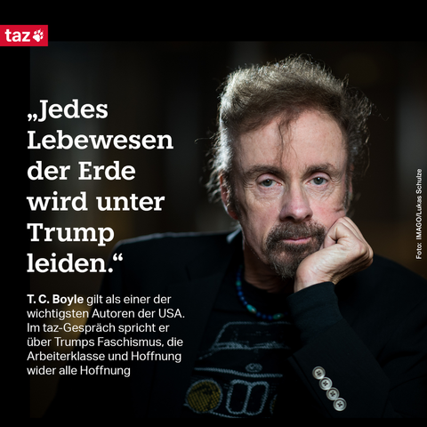 T. C. Boyle guckt etwas mürrisch in die Kamera. Zitat: „Jedes Lebewesen der Erde wird unter Trump leiden.“ T. C. Boyle gilt als einer der wichtigsten Autoren der USA. Im taz-Gespräch spricht er über Trumps Faschismus, die Arbeiterklasse und Hoffnung wider alle Hoffnung. 