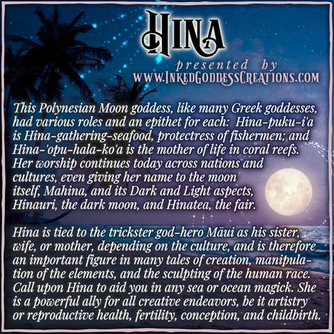 A bright full moon sits above the horizon on a dark tropical beach at night. The moonlight is reflecting off the water on the right and palm trees are silhouetted on the sandy beach on the left. The text includes Polynesian goddess Hina's symbolism and importance in Pacific Islander culture as well as her potential strengths as an ally. Presented by Inked Goddess Creations.