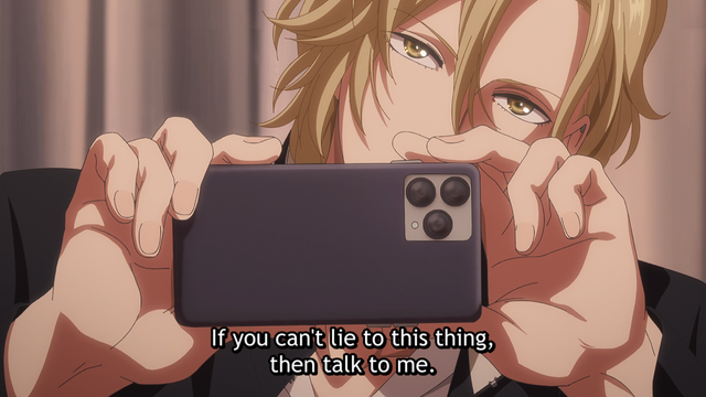 A teenage boy (Hisashi) holding a smart phone in his hands, saying, "If you can't lie to this thing, then talk to me."
