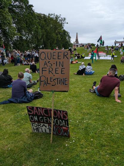 People sit on grass watching a protest. Placards stuck in grass.