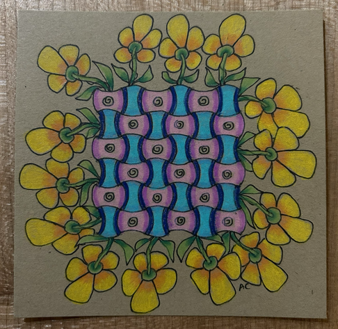 Huggins weaving-style tangle in middle grid pattern coloured in blues and purples, surrounded by yellow and orange flowers with green leaves and stems. On a brown Kraft colour card