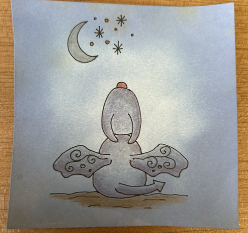 Back of a baby dragon looking  up at a crescent moon and stars, dragon is coloured in grey/purple shade, sitting on brown ground, on a mottled blue inked card