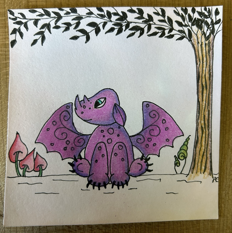 Purple forward facing baby dragon with head turned to left, surrounded by some tangled flowers and a tree on the right with leaves all across the top 