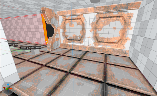 a 3d video game level in an editor, showing several low res, metal panel textures.